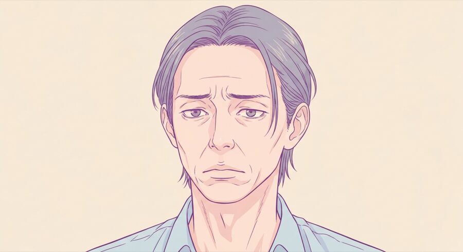 センターパートの分け目がぺたんこで頭皮が見えて悩む男性のイラスト