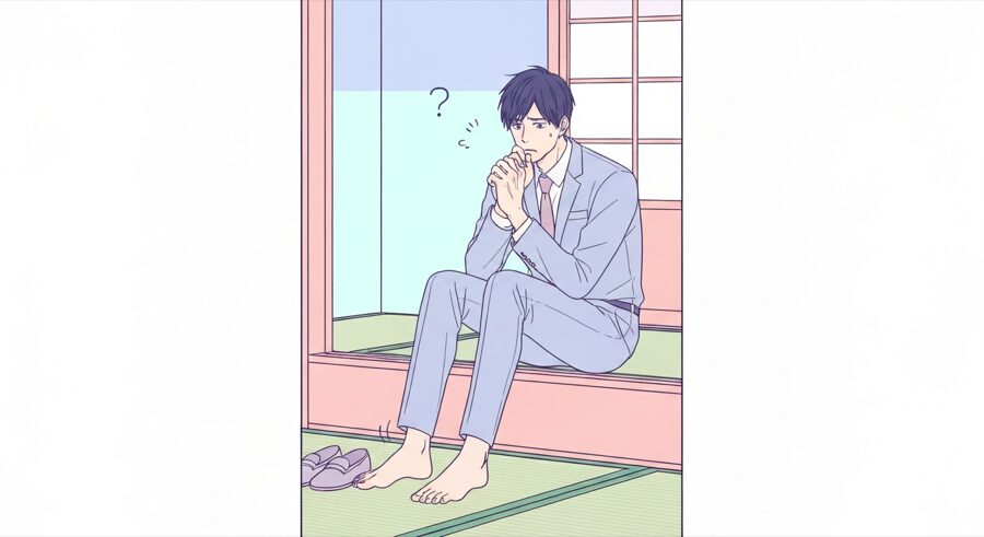 靴を脱いで足のニオイを気にする男性